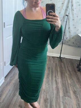 NWT Green Ruched Maxi Dress with Sheer Bishop Sleeves